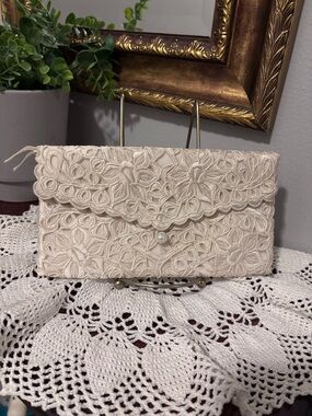Cream Lace Envelope Clutch with Pearl Accent closure